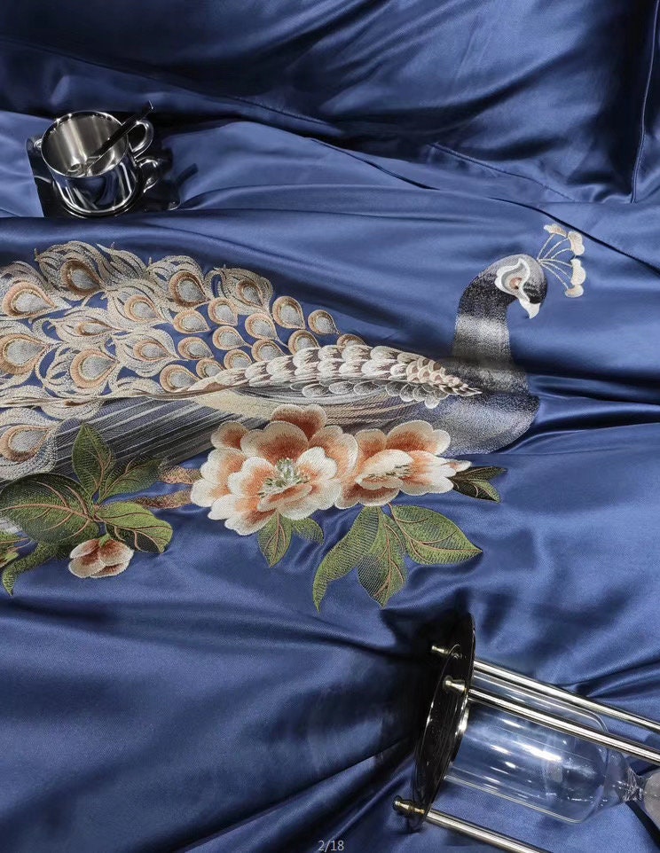 Handmade Embroidery Duvet Cover in Navy Blue 100% 6A Pure Silk, 25mm Soft, Natural, Comfort Silk Bedding for King, Queen, Custom Size.