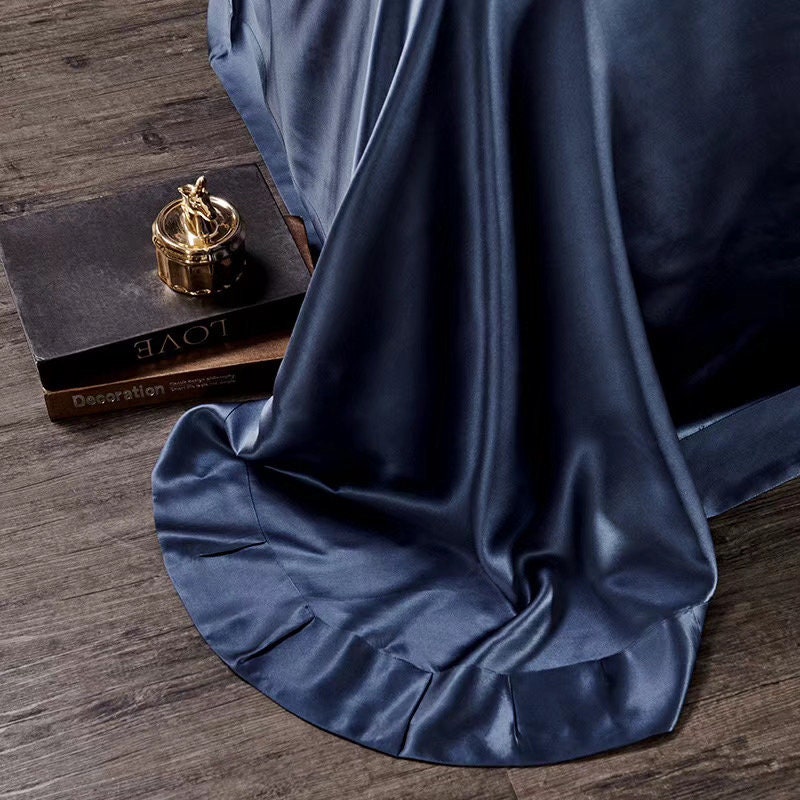 Handmade Duvet Cover in Navy Blue 100% Pure 6A Silk, 25mm smooth, natural, sleep beauty Silk Bedding for King, queen, custom size.