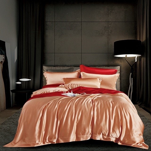 Handmade Flat Sheet in Golden Coral 100% Pure 6A Silk, 25mm smooth, natural, sleep beauty Silk Bedding for King, queen, custom size.