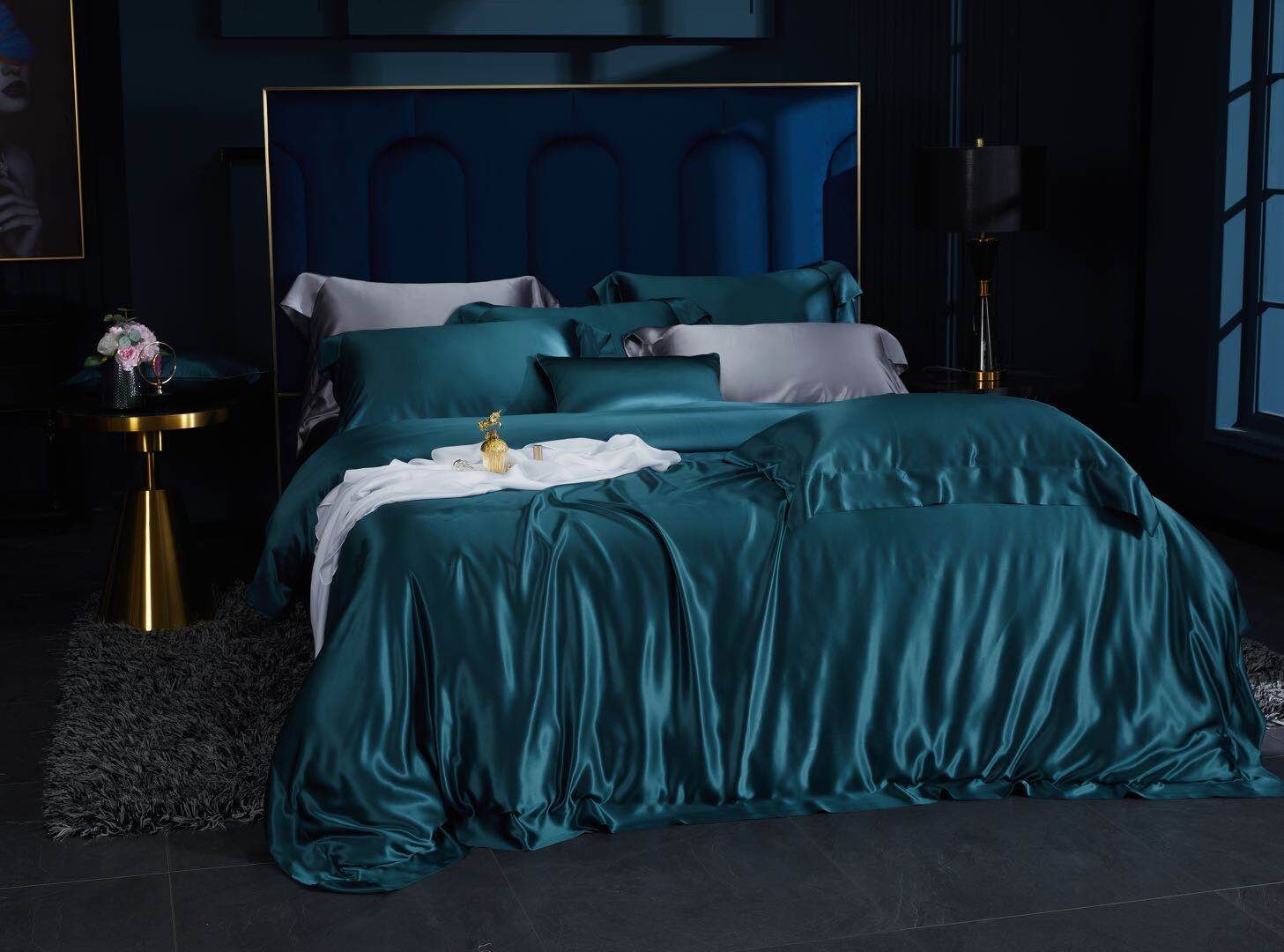 Handmade Flat Sheet in Peacock Blue 100% Pure 6A Silk, 30mm smooth, natural, sleep beauty Silk Bedding for King, queen, custom size.