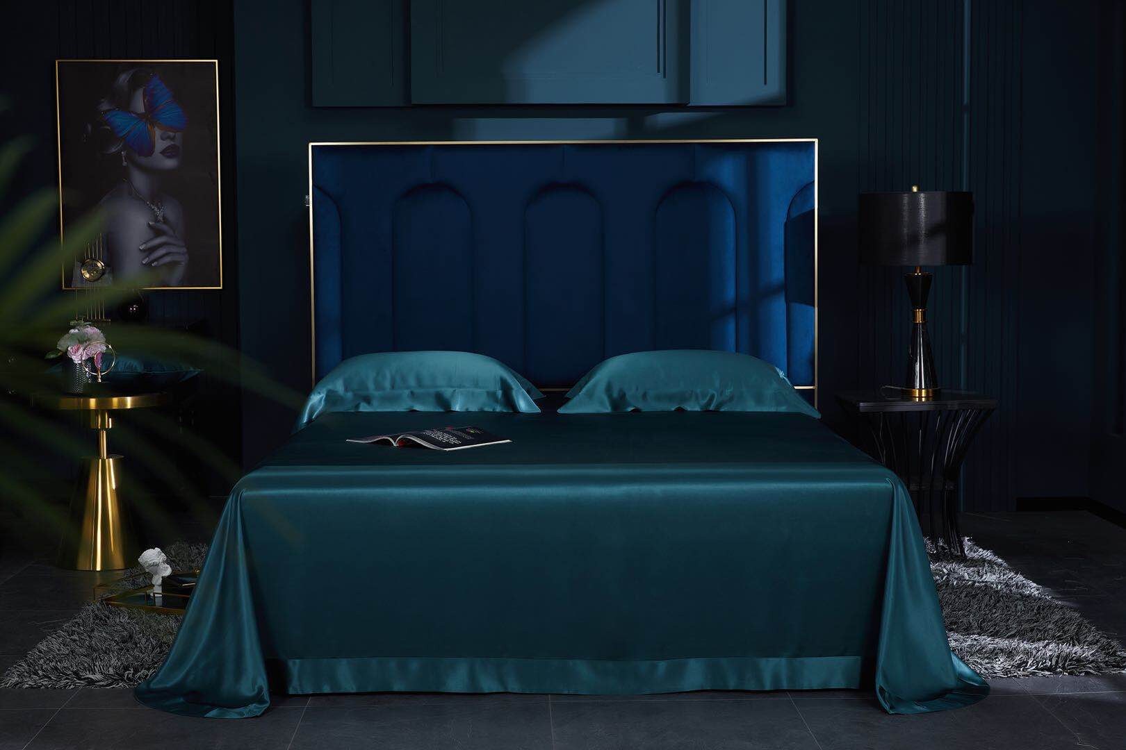 Handmade Flat Sheet in Peacock Blue 100% Pure 6A Silk, 30mm smooth, natural, sleep beauty Silk Bedding for King, queen, custom size.