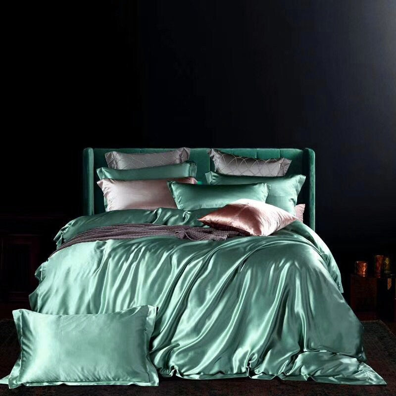 25mm 100% Pure Silk, Handmade Mulberry Silk Duvet Cover in Bean Green, Super Luxury Smooth Silk Bedding for King, Queen, Custom sizes.