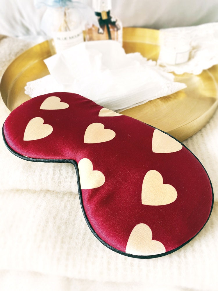 Charmeuse Pure Silk Eye Mask, Hepburn Beauty, Classic Red and White Hearts - Sleep Mask in 26mm Silk Satin, 100% Pure Silk Eyemask