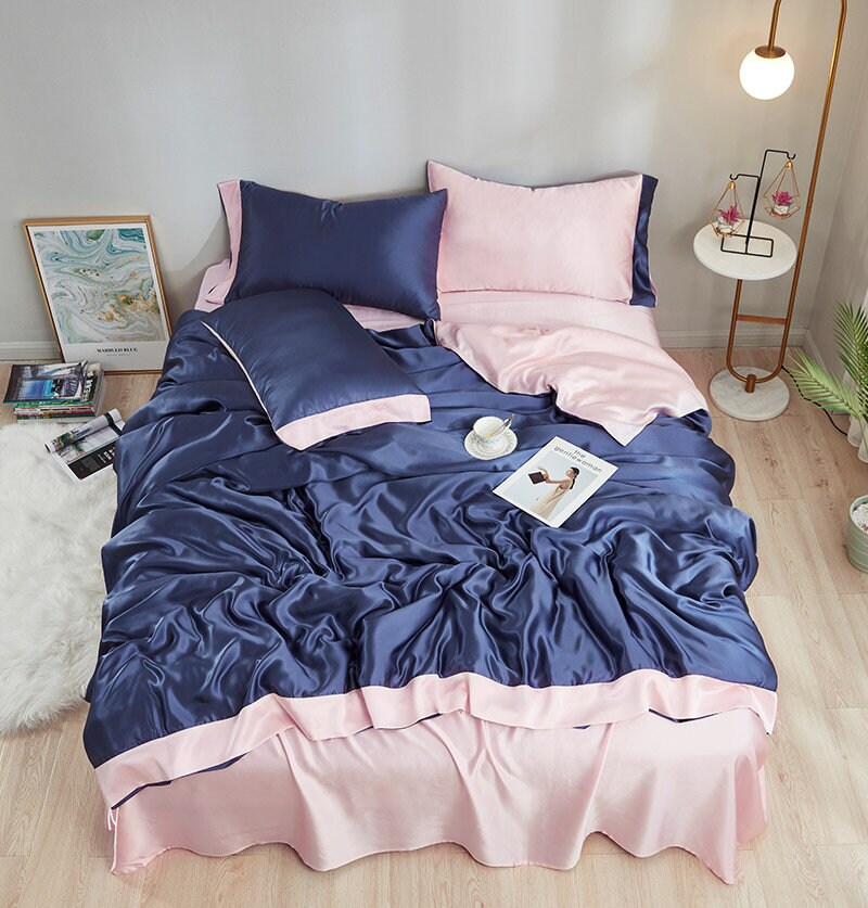 Charmeuse Silk Bedding Set,19 Momme Purple+Champagne,2 Pillowcases+flat sheet+duvet cover,100% Mulberry Silk Gift/GIFT FOR HER