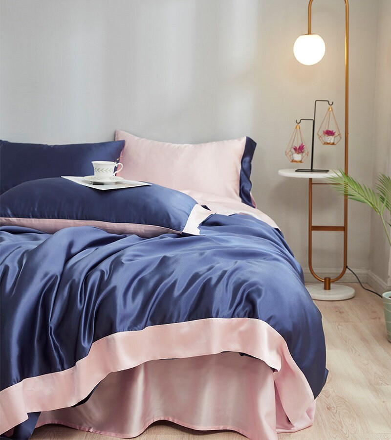 Charmeuse Silk Bedding Set,19 Momme Purple+Champagne,2 Pillowcases+flat sheet+duvet cover,100% Mulberry Silk Gift/GIFT FOR HER