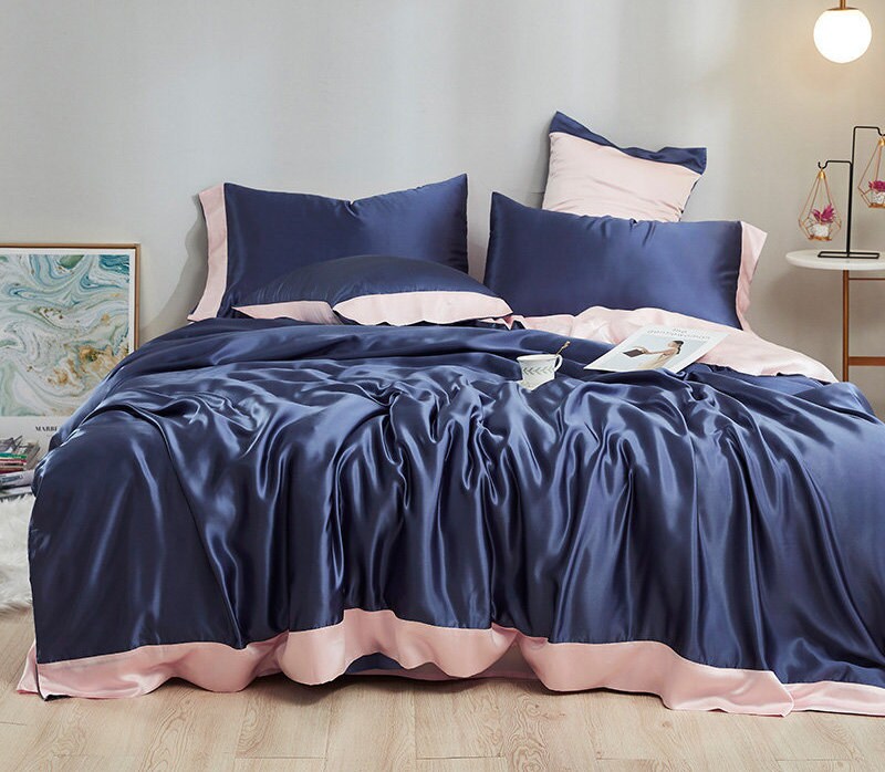 Charmeuse Silk Bedding Set,19 Momme Purple+Champagne,2 Pillowcases+flat sheet+duvet cover,100% Mulberry Silk Gift/GIFT FOR HER