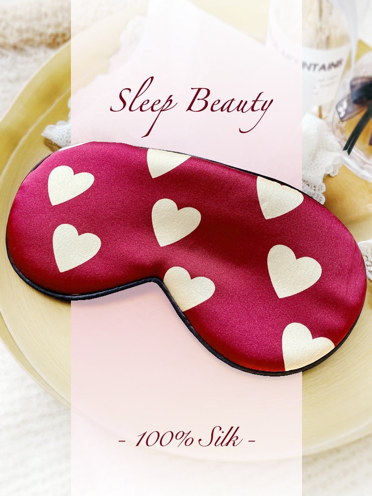 Charmeuse Pure Silk Eye Mask, Hepburn Beauty, Classic Red and White Hearts - Sleep Mask in 26mm Silk Satin, 100% Pure Silk Eyemask