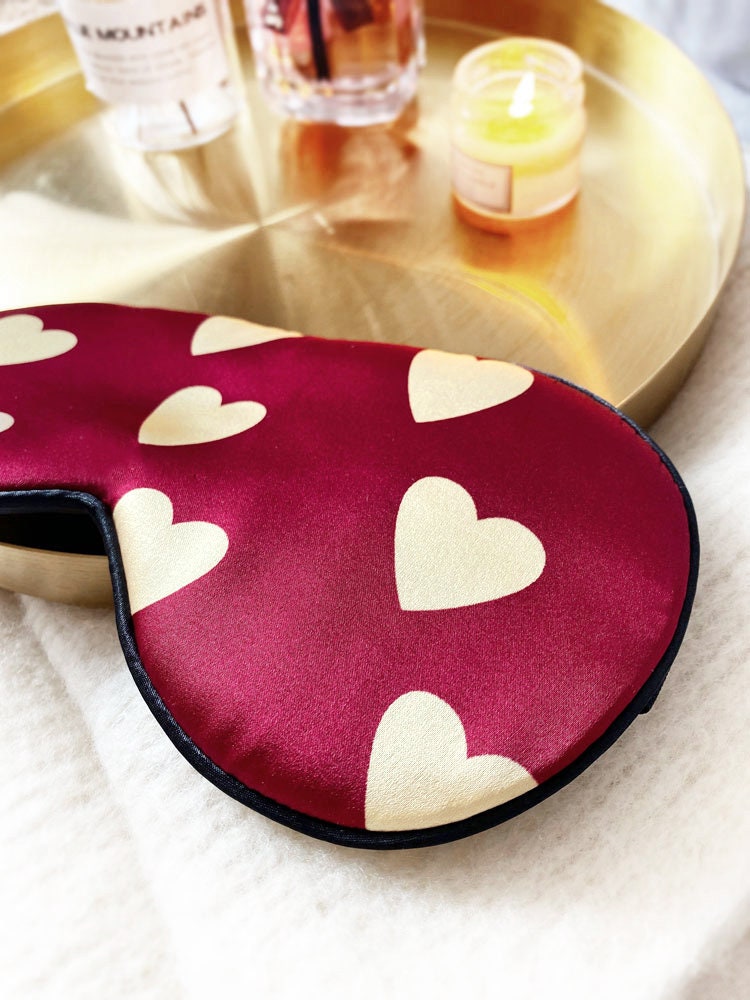 Charmeuse Pure Silk Eye Mask, Hepburn Beauty, Classic Red and White Hearts - Sleep Mask in 26mm Silk Satin, 100% Pure Silk Eyemask