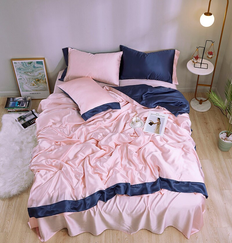 Charmeuse Silk Bedding Set,19 Momme Purple+Champagne,2 Pillowcases+flat sheet+duvet cover,100% Mulberry Silk Gift/GIFT FOR HER