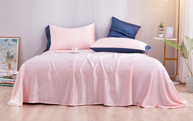 Charmeuse Silk Bedding Set,19 Momme Purple+Champagne,2 Pillowcases+flat sheet+duvet cover,100% Mulberry Silk Gift/GIFT FOR HER