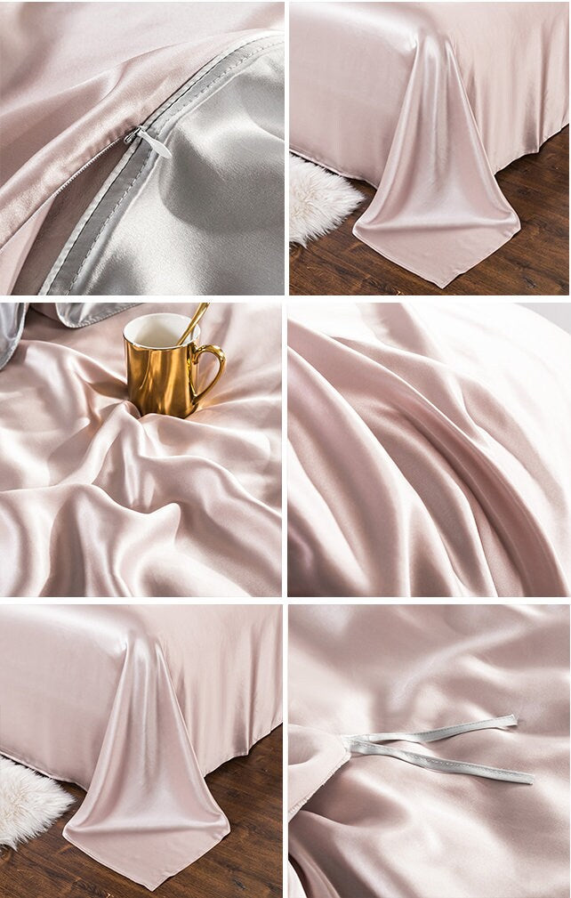 Charmeuse Silk Bedding Set,19 Momme luxury silk pillowcase,2 Pillowcases+flat sheet+duvet cover,100% Mulberry Silk Gift/GIFT FOR HER