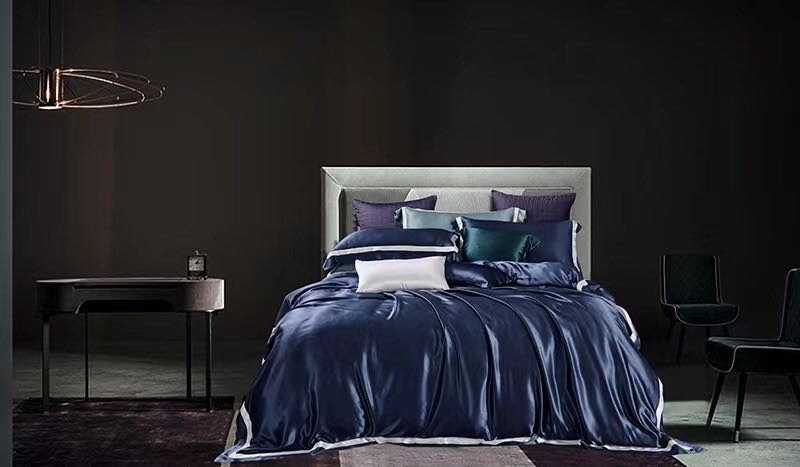 Handmade Duvet Cover with Trims in Navy Blue 100% Pure 6A Silk, 25mm Smooth, Natural Silk Bedding for King, queen, custom size.