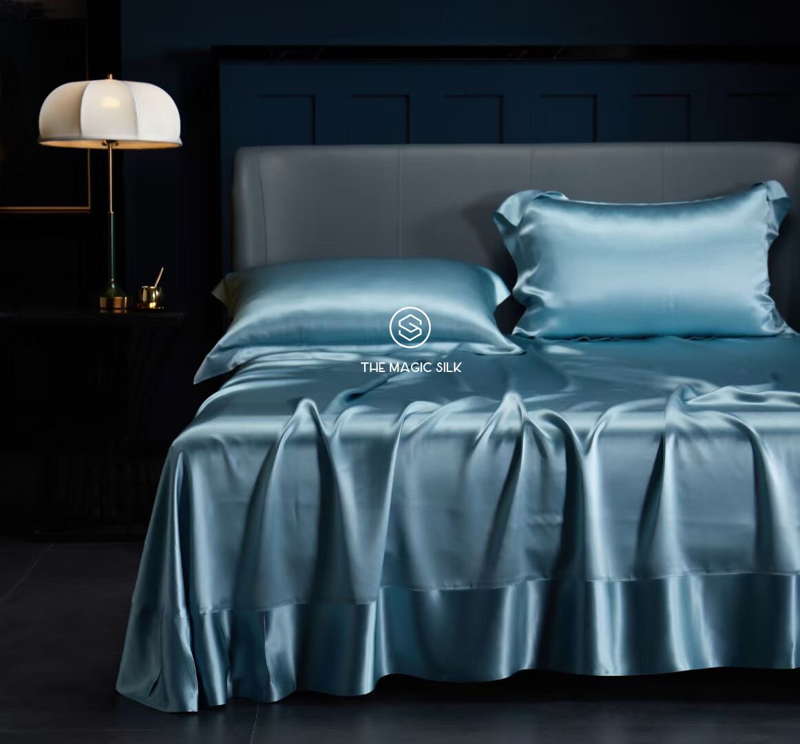 Charmeuse silk bedding set in Mint Blue.King,Queen 4 pieces 25mm 100% 6A mulberry silk set