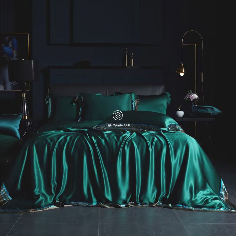 Super Luxury Silk Bedding Set,Oxford Style with detailed Lace Purfle. Anniversary Gift for HER.