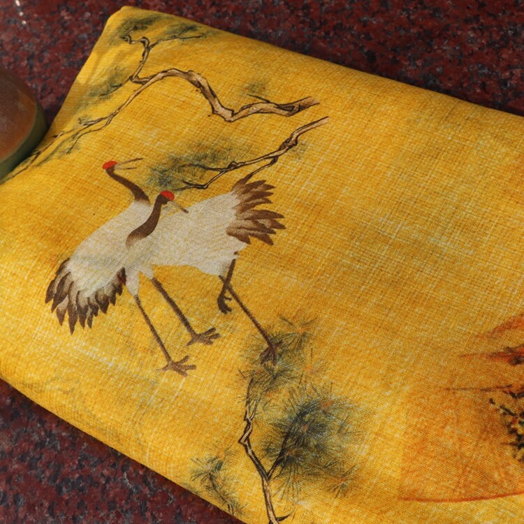 SONGHE - Pine Crane Printed Ramie Fabric-By the Yard