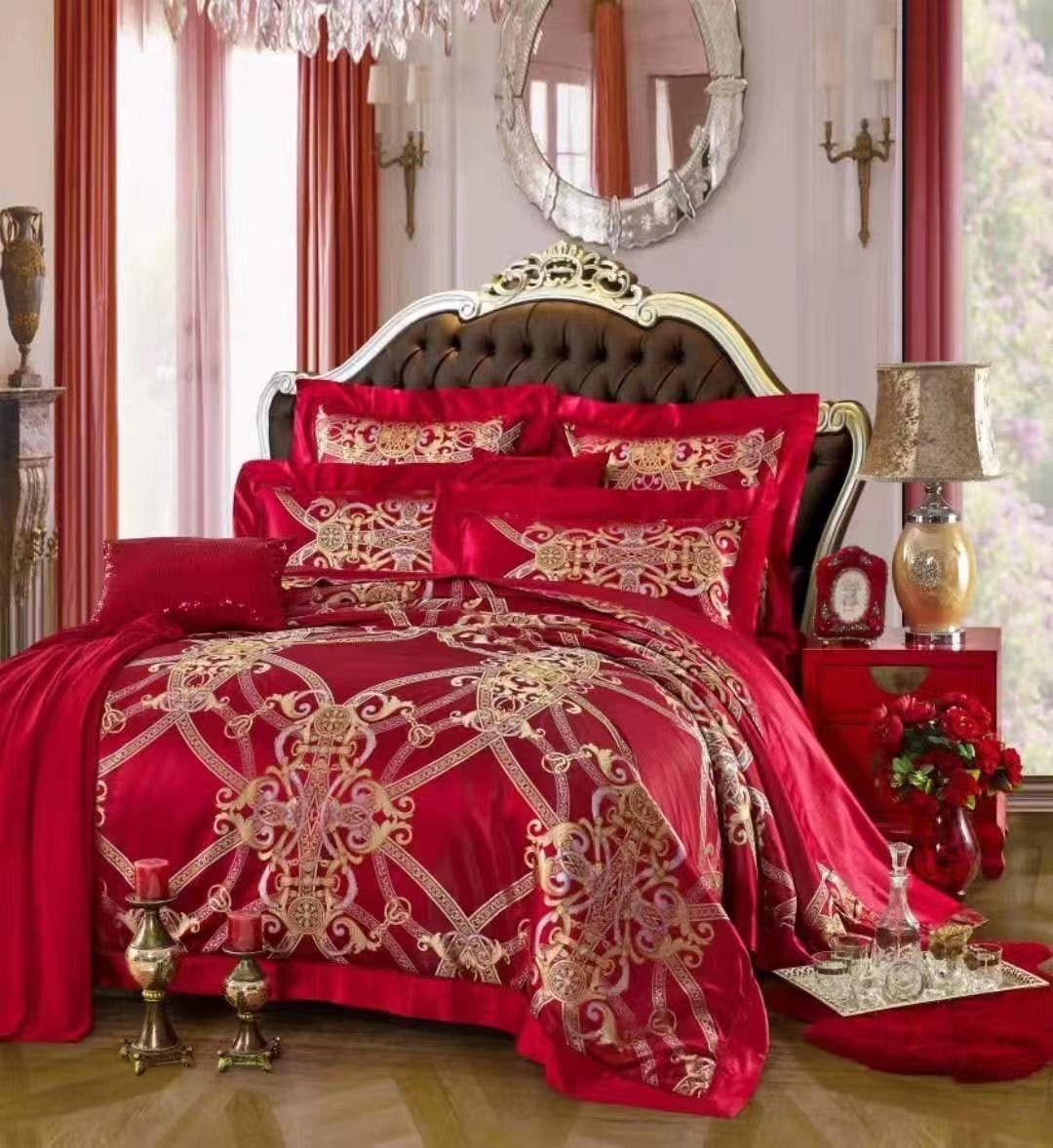 New Wedding Jacquard Lace Charmeuse Silk 100% 6A Mulberry Silk Set King,Queen 3 pieces