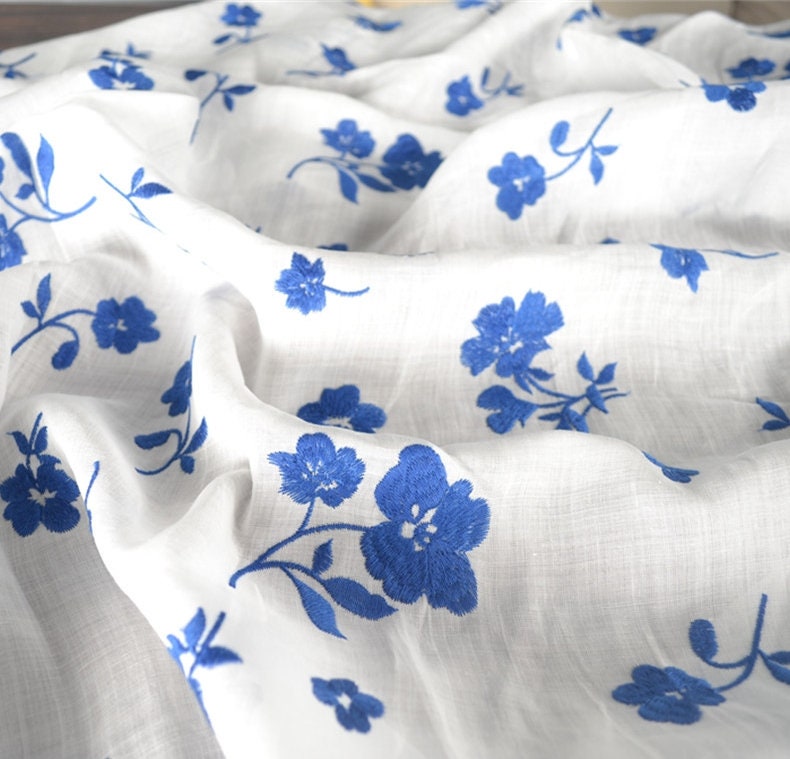 Beautiful Digital Printed Ramie fabric,Embroidered flowers,55"/140cm 100% Ramie fabric, for dresses, shirts. blouse, by the yard