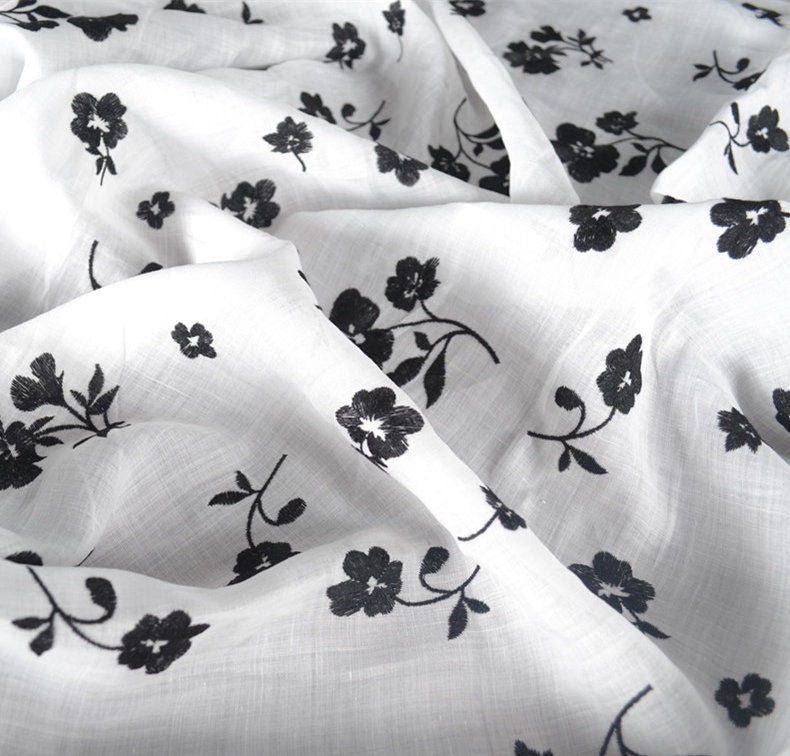 Beautiful Digital Printed Ramie fabric,Embroidered flowers,55"/140cm 100% Ramie fabric, for dresses, shirts. blouse, by the yard