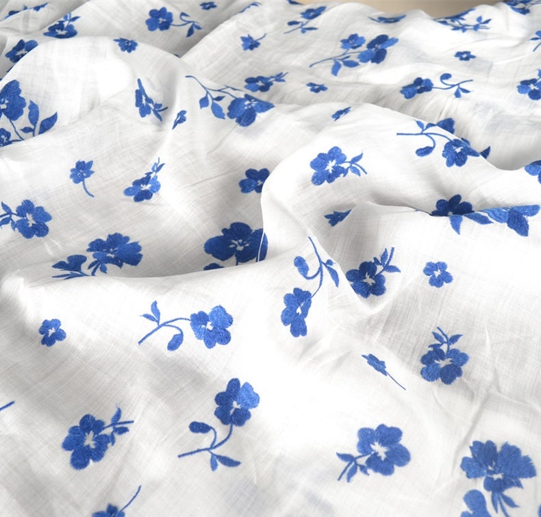 Beautiful Digital Printed Ramie fabric,Embroidered flowers,55"/140cm 100% Ramie fabric, for dresses, shirts. blouse, by the yard