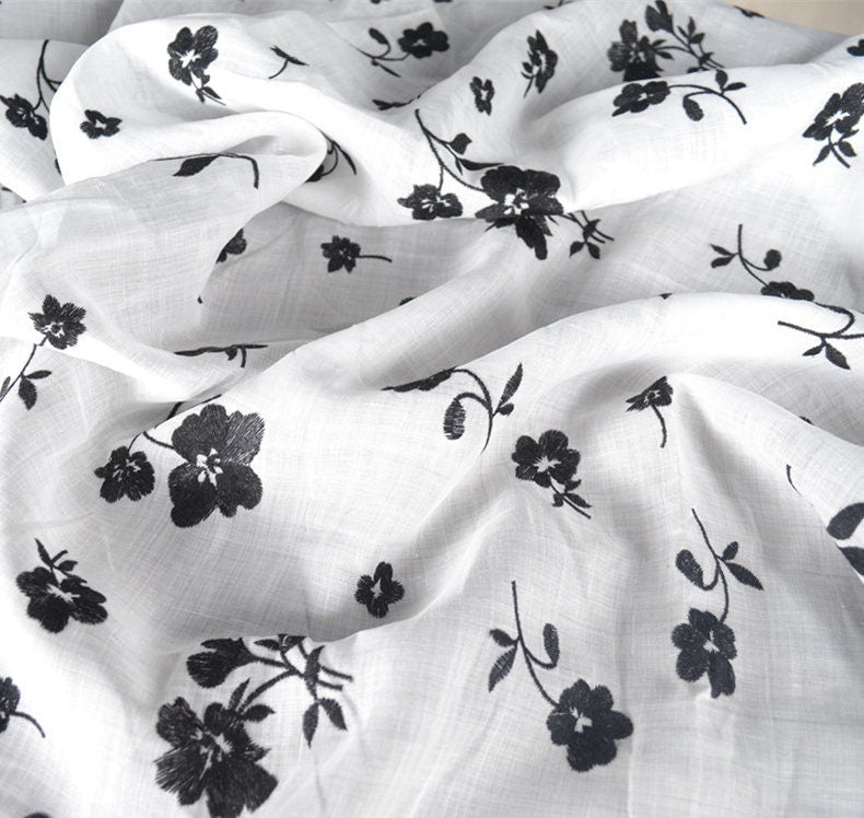 Beautiful Digital Printed Ramie fabric,Embroidered flowers,55"/140cm 100% Ramie fabric, for dresses, shirts. blouse, by the yard