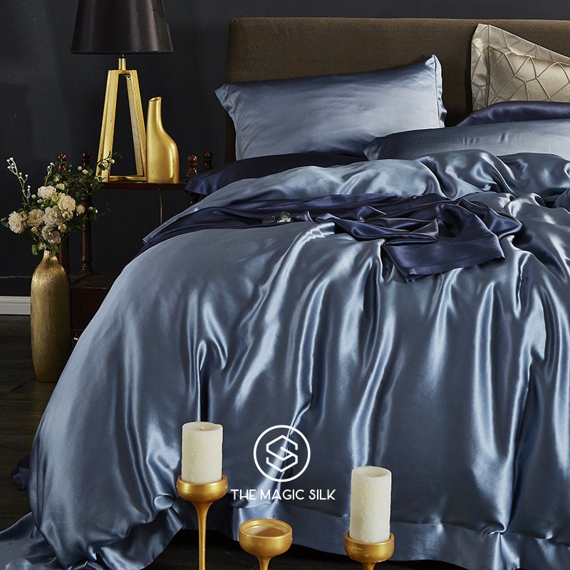 Luxurious Silk Bedding Set 4 pieces. Charmeuse silk bedding set in Dust Blue. Made in 25 momme 100% Anti-Allergic Mulberry Silk.