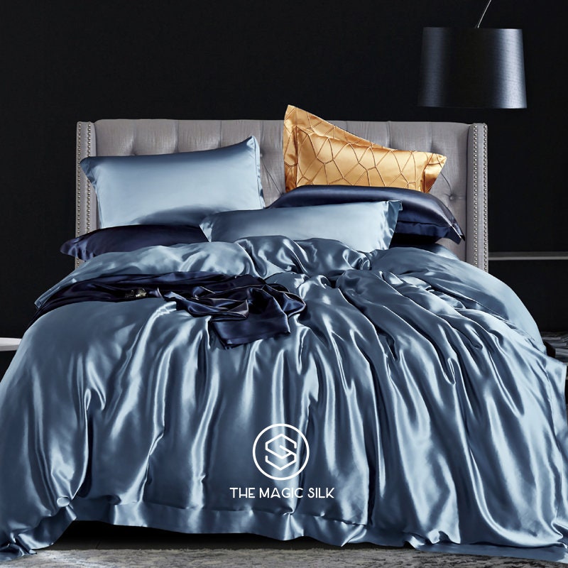 Luxurious Silk Bedding Set 4 pieces. Charmeuse silk bedding set in Dust Blue. Made in 25 momme 100% Anti-Allergic Mulberry Silk.