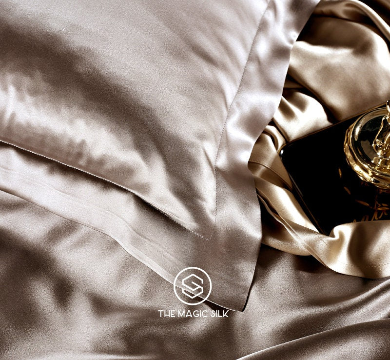 Luxurious Silk Bedding Set 4 pieces. Charmeuse silk bedding set in Dark Gold. Made in 25 momme 100% Anti-Allergic Mulberry Silk.