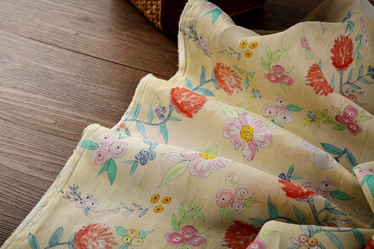 CHURUI Warm Yellow Floral Print 42 Thread Count Ramie Fabric - 140cm wide by the Yard