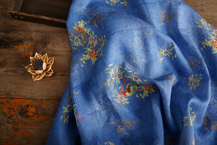 BAILING Vintage Style Floral Printed Ramie fabric for Summer Dresses By the Yard