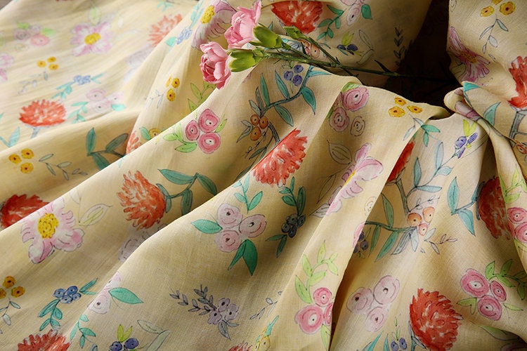 CHURUI Warm Yellow Floral Print 42 Thread Count Ramie Fabric - 140cm wide by the Yard