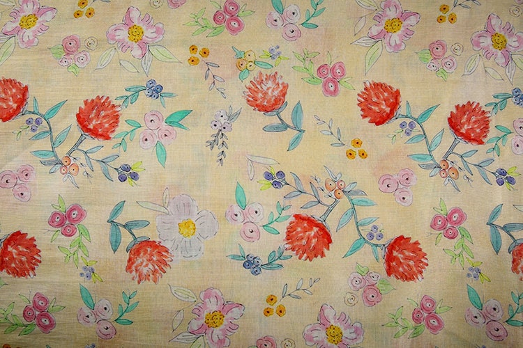 CHURUI Warm Yellow Floral Print 42 Thread Count Ramie Fabric - 140cm wide by the Yard