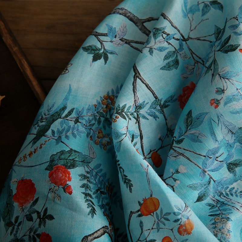 LIUXU Beautiful Printed Pomegranate Blue Ramie fabric By the Yard