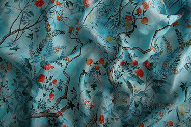 LIUXU Beautiful Printed Pomegranate Blue Ramie fabric By the Yard