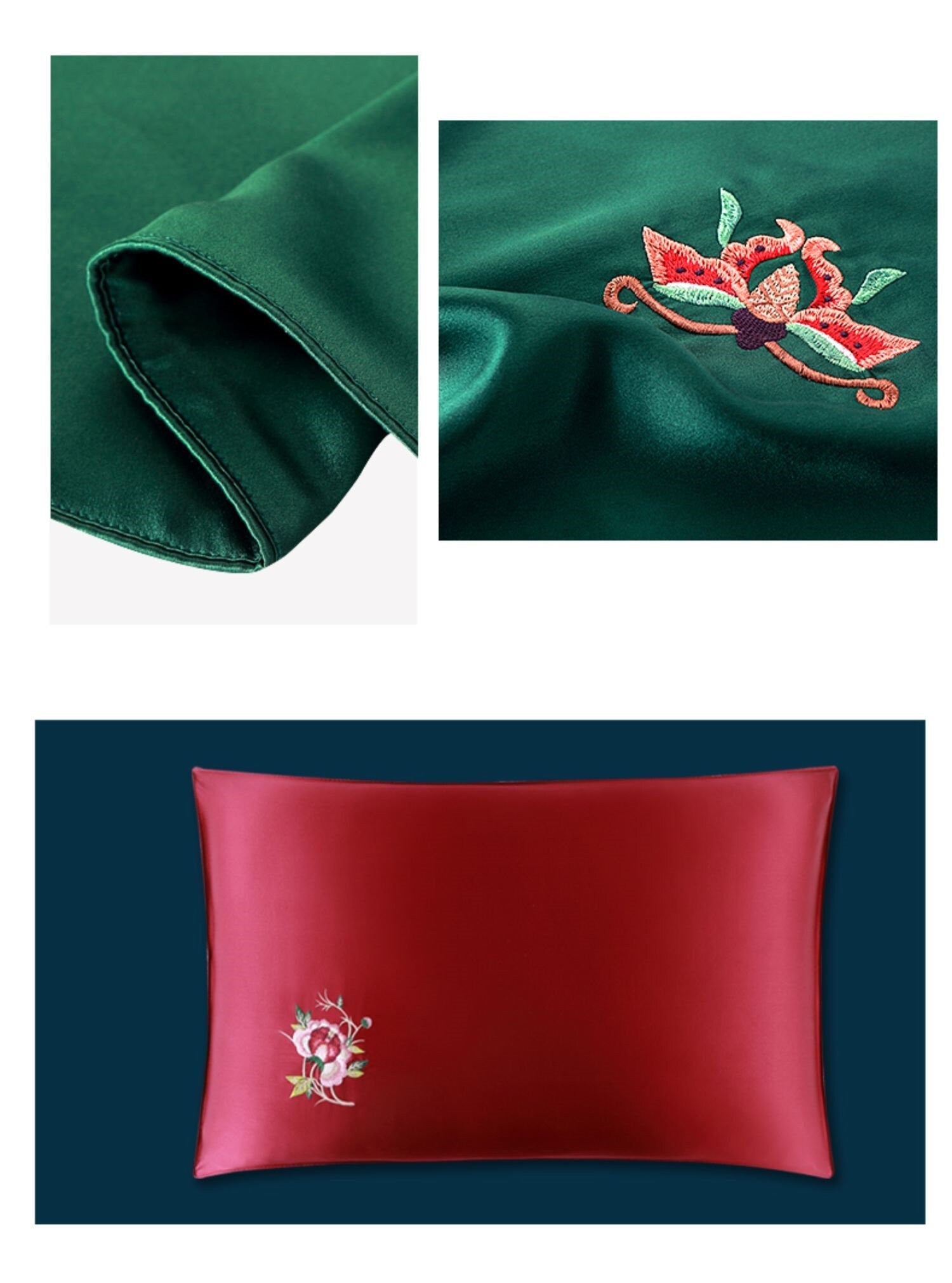 Embroidery floral pillowcase/New fashion silk pillowcase/Ruby and jade tradtional Chinese silk pillow slip, one pair.