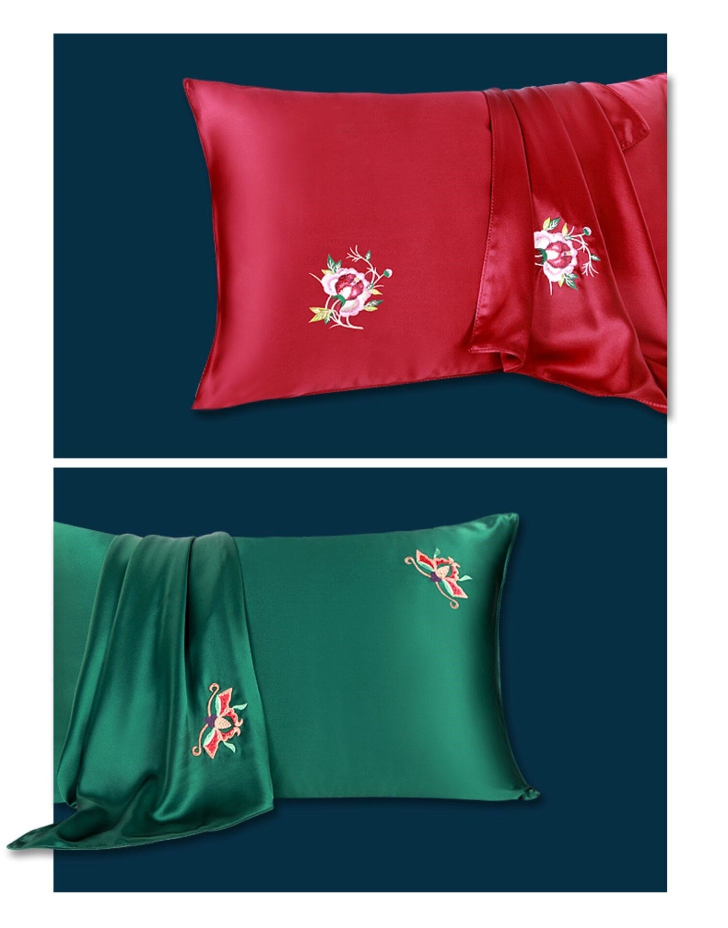 Embroidery floral pillowcase/New fashion silk pillowcase/Ruby and jade tradtional Chinese silk pillow slip, one pair.