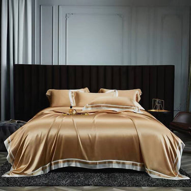 2022 New Presidential Suite set 4 pieces. Charmeuse silk bedding set in Mocca Made in 25 momme 100% Anti-Allergic Mulberry Silk.