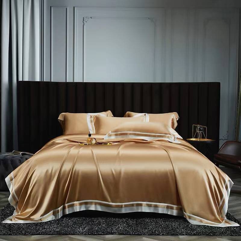 2022 New Presidential Suite set 4 pieces. Charmeuse silk bedding set in Mocca Made in 25 momme 100% Anti-Allergic Mulberry Silk.