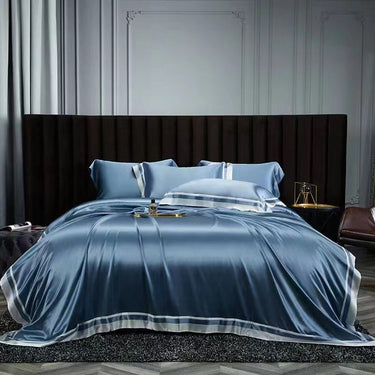 2022 New Presidential Suite set 4 pieces. Charmeuse silk bedding set in Dust Blue Made in 25 momme 100% Anti-Allergic Mulberry Silk.