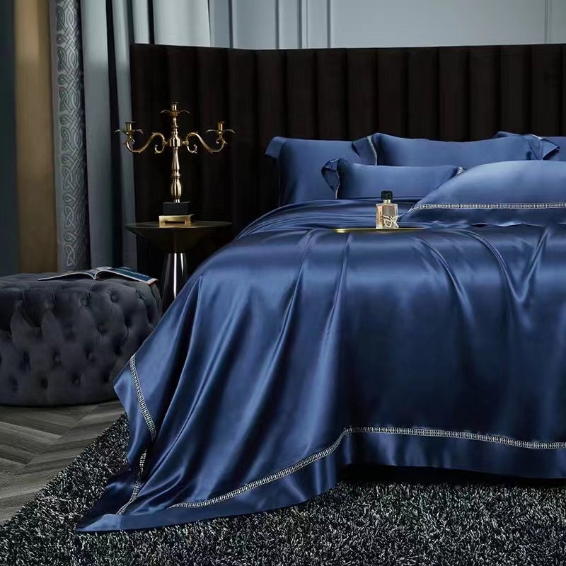New collection Romance/Lace and Silk/25 Momme Mulberry Silk Bedding Set in Navy Blue with Beautiful Lace Deco