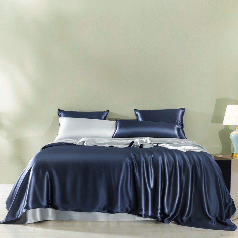Navy Blue vs Silver Gray - 22 Momme 100% Mulberry Silk Bedding Set 4 pieces