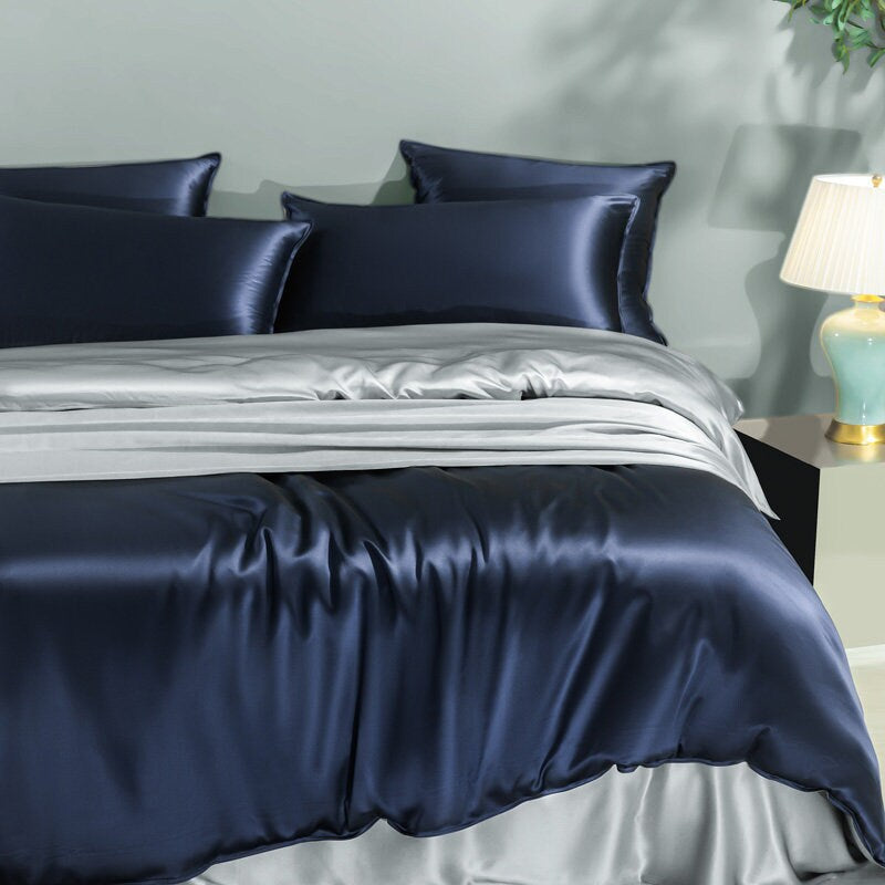 Navy Blue vs Silver Gray - 22 Momme 100% Mulberry Silk Bedding Set 4 pieces
