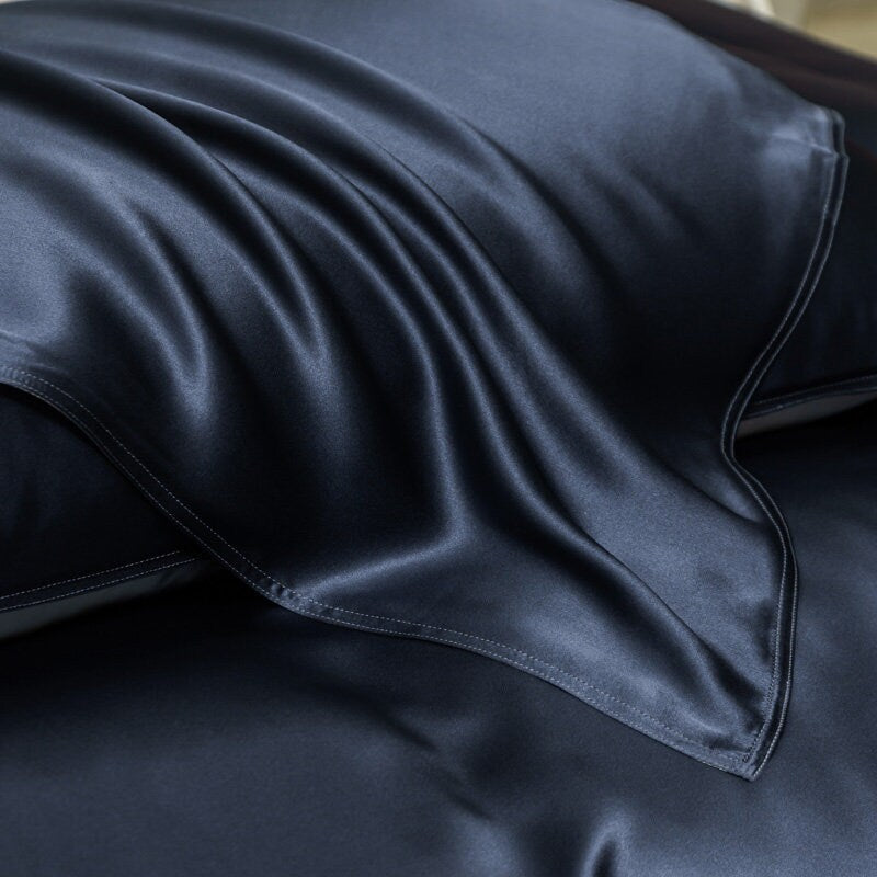 Navy Blue vs Silver Gray - 22 Momme 100% Mulberry Silk Bedding Set 4 pieces