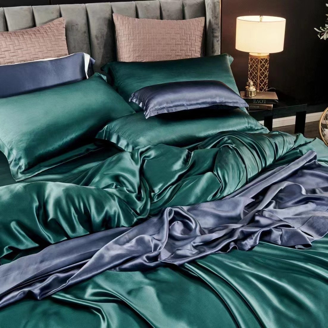 RAIN FOREST - 25 Momme Mulberry Silk Bedding, Silk Duvet Cover, Silk Fitted Sheet, Silk Flat Sheet, Silk Pillowcase, 100% SILK