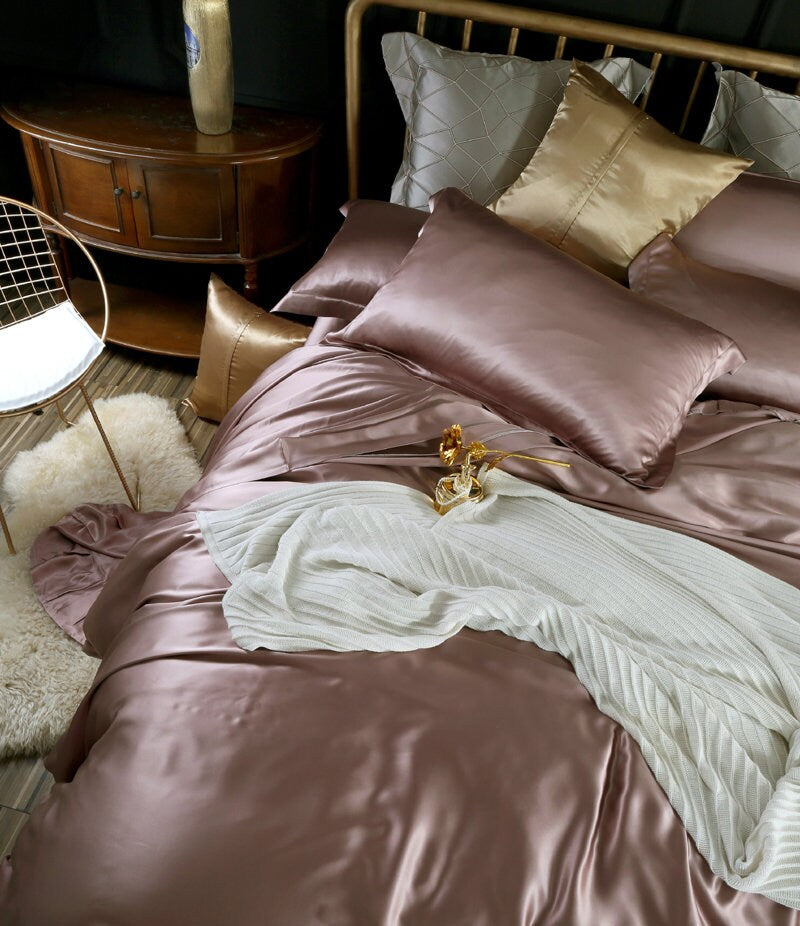 BEAN PURPLE - 25 Momme Mulberry Silk Bedding, Silk Duvet Cover, Silk Fitted Sheet, Silk Flat Sheet, Silk Pillowcase, 100% SILK