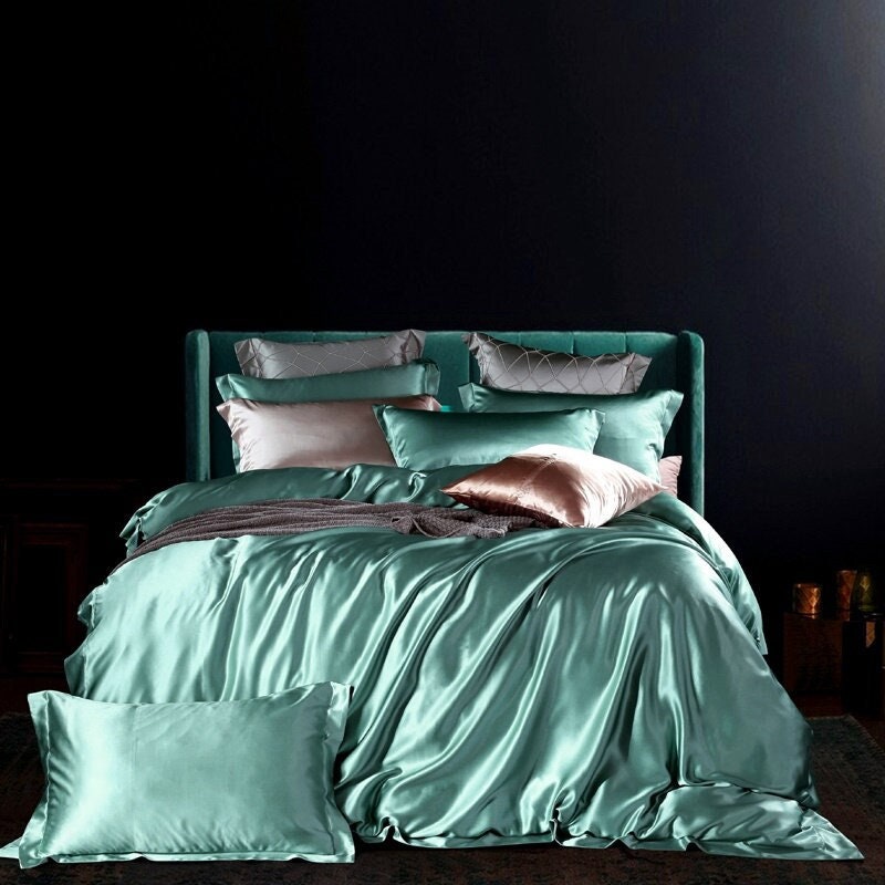 BEAN GREEN - 25 Momme Mulberry Silk Bedding, Silk Duvet Cover, Silk Fitted Sheet, Silk Flat Sheet, Silk Pillowcase, 100% SILK