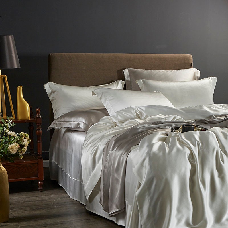 MOON WHITE - 25 Momme Mulberry Silk Bedding, Silk Duvet Cover, Silk Fitted Sheet, Silk Flat Sheet, Silk Pillowcase, 100% SILK