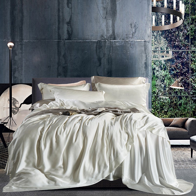 MOON WHITE - 25 Momme Mulberry Silk Bedding, Silk Duvet Cover, Silk Fitted Sheet, Silk Flat Sheet, Silk Pillowcase, 100% SILK