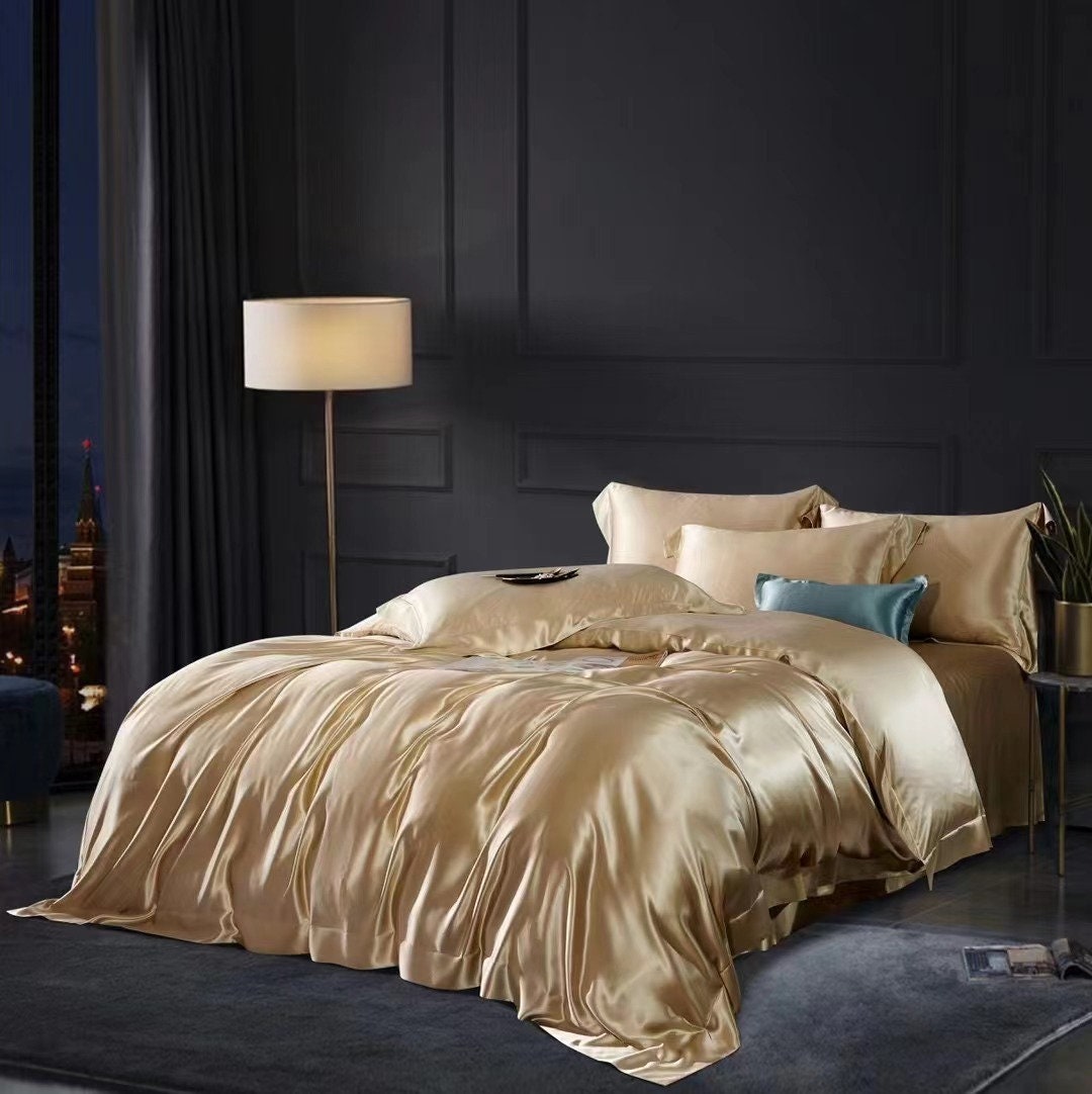 CHAMPAGNE GOLD - 25 Momme Mulberry Silk Bedding, Silk Duvet Cover, Silk Fitted Sheet, Silk Flat Sheet, Silk Pillowcase, 100% SILK