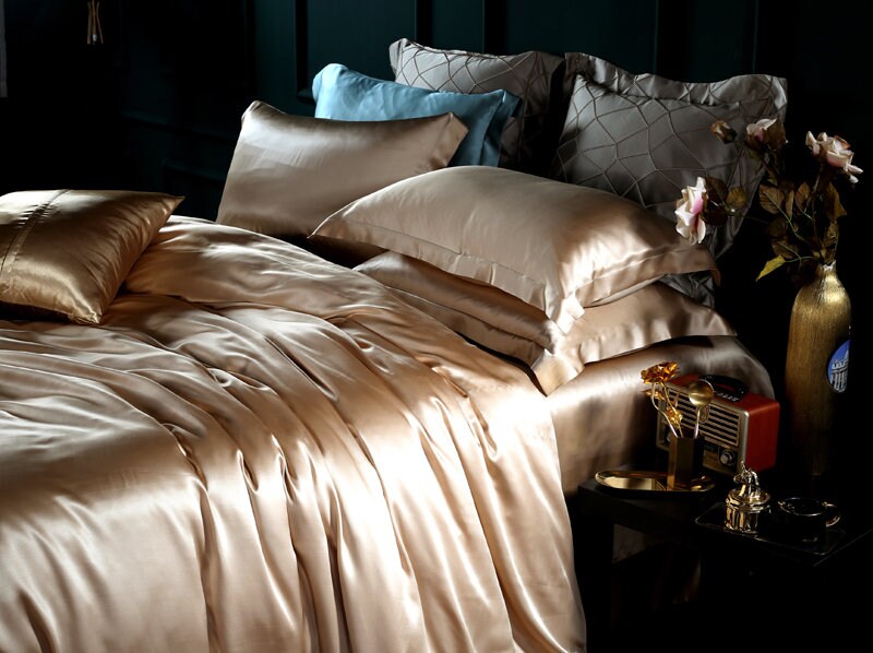 SUN KISS - 25 Momme Mulberry Silk Bedding, Silk Duvet Cover, Silk Fitted Sheet, Silk Flat Sheet, Silk Pillowcase, 100% SILK