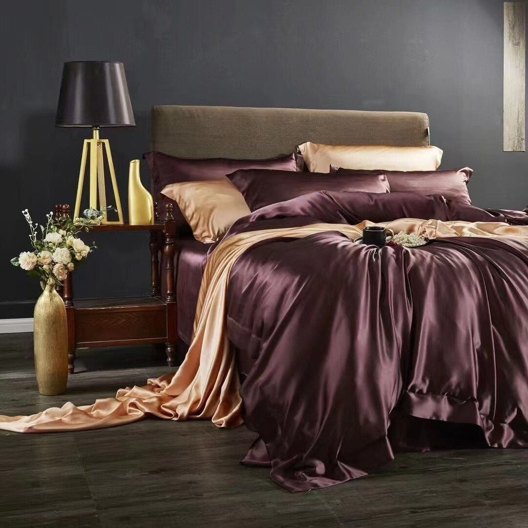 BERRY PURPLE - 25 Momme Mulberry Silk Bedding, Silk Duvet Cover, Silk Fitted Sheet, Silk Flat Sheet, Silk Pillowcase, 100% SILK